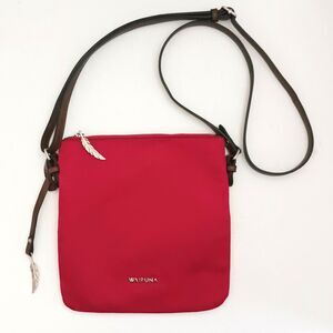 Waipuna Red Nylon Slim Crossbody Bag Brown Leather Strap /Trim